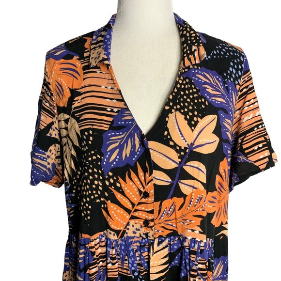 Loralette Short Sleeve High Low Dress 14/16 Black Palm Floral Buttons Pockets - Picture 2 of 6